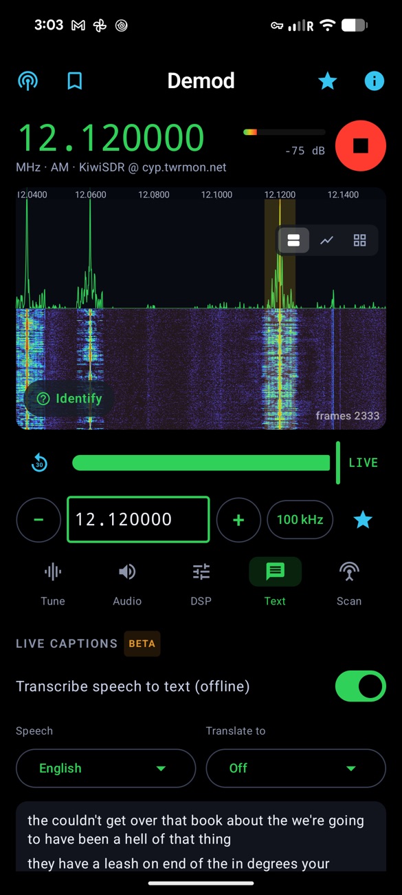 The Text tab with LIVE CAPTIONS on: Speech set to English, Translate to Off, and captions scrolling below.