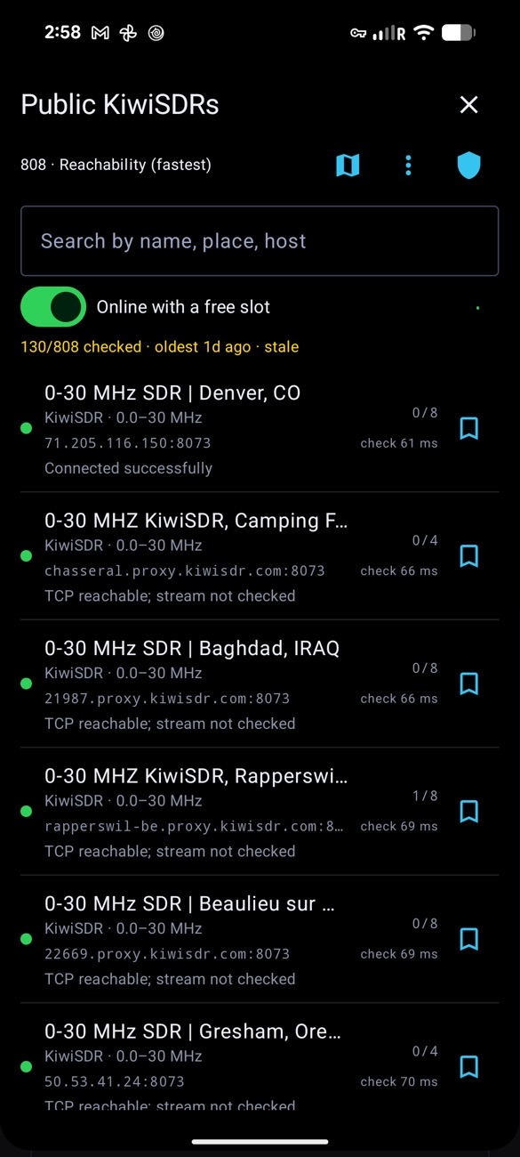 The Public KiwiSDRs list: 808 receivers sorted by reachability, a search field, an 'Online with a free slot' switch, and rows showing name, frequency range, host:port, users and check time, each with a bookmark icon.
