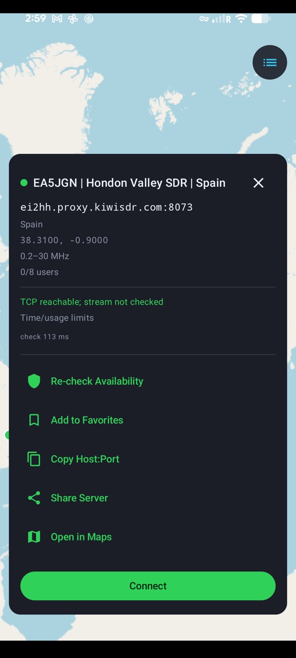 A receiver's card on the map: name, host, country, coordinates, range, users and reachability, with Re-check Availability, Add to Favorites, Copy Host:Port, Share Server, Open in Maps and Connect.
