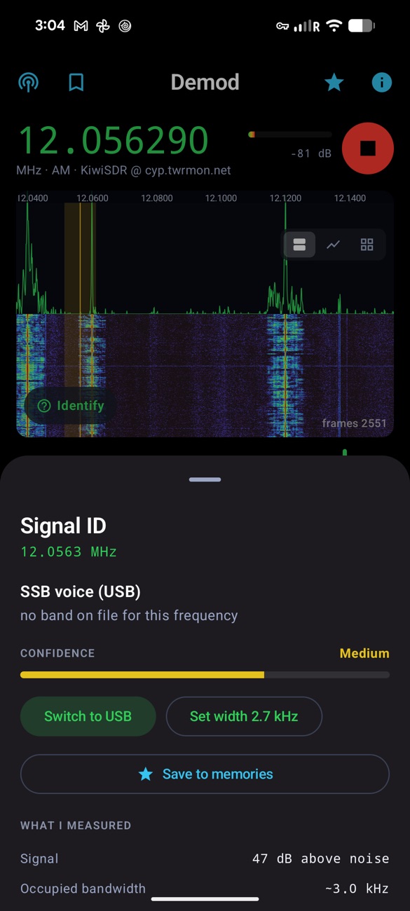 The Signal ID sheet: 12.0563 MHz, SSB voice (USB), a Medium confidence bar, Switch to USB and Set width 2.7 kHz buttons, Save to memories, and the measured signal level and bandwidth.