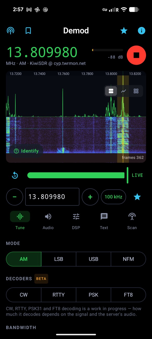 Demod for Android tuned to a KiwiSDR: frequency readout, split spectrum and waterfall with the Identify pill, the time-shift bar, the tuning row and the Tune tab with mode and decoder buttons.